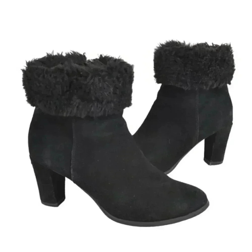 Blondo Leather Suede Booties Waterproof Black Ankle Boots  Faux Fur Size 9.5